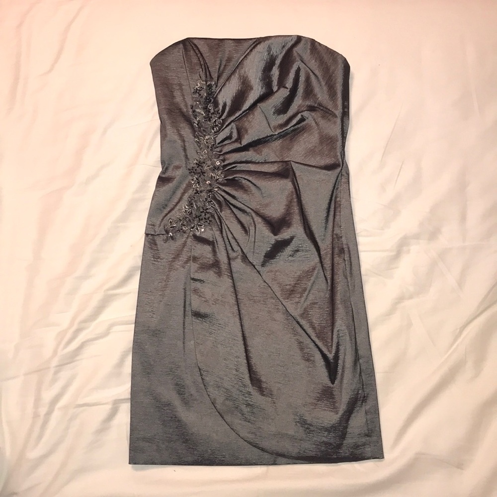Metallic Grey, Strapless Cocktail Dress